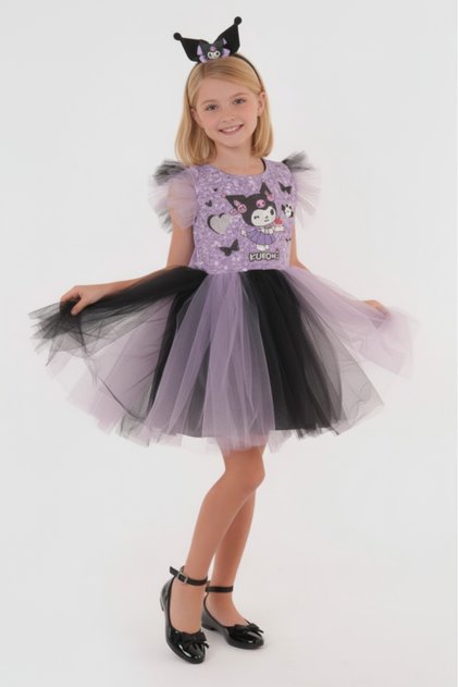 Girls' Special Occasion Dress with Crown Accessories Kuromi Printed Skirt and Tulle Sleeves Cf-25002
