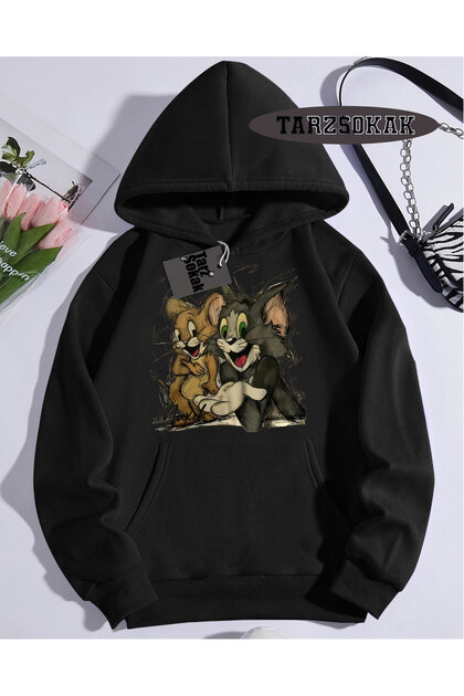 Hooded Sweatshirt Black Tom and Jerry Cartoons Custom Design
