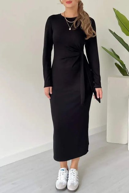 Side Tie Long Sleeve Slit Modal Dress