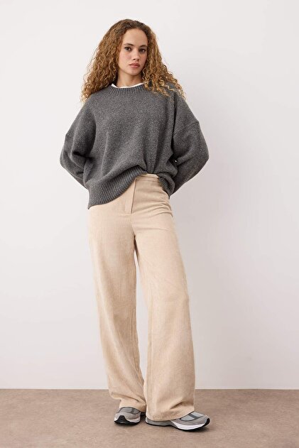 Trendyolmilla Taş Kadife Geniş Paça Pantolon TWOAW26PL00071 Fiyatı