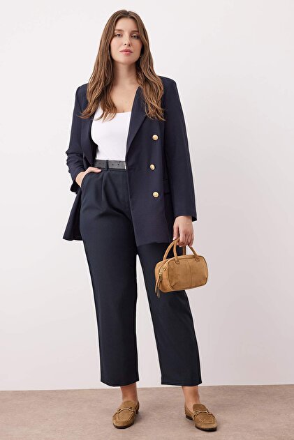 Trendyolmilla Curve Lacivert Straight Fit Çizgili Örme İnterlok