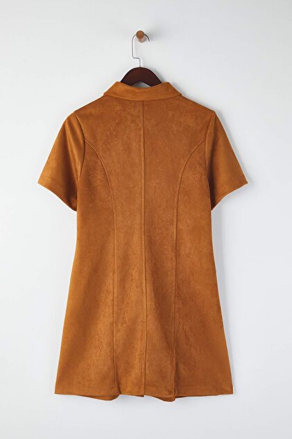 Trendyol Curve Brown Shirt Collar Short Suede Woven Plus Size Dress  Tbbaw26Ah00069- Trendyol
