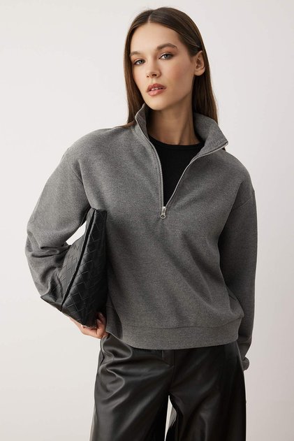 Antrasit Regular/Normal Kalıp Yarım Pat Fermuarlı KalınÖrme Sweatshirt TWOAW26SW00059