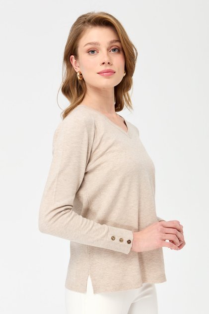 Women's V-Neck Sleeves Buttoned Glitter Blouse Beige