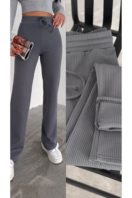 Kadın Bol Paça İÇİ POLARLI Fitilli Pantolon Içi Wide Leg Eşofman Altı FÜME
