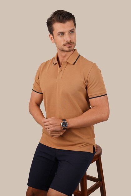Tan Navy Blue Collar Striped Gift Boxed Men's Polo Neck T-Shirt