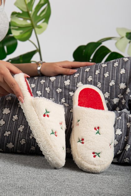 Feathered Cherry Patterned Fluffy Plush Winter Home Guest Dowry Bundle Slippers