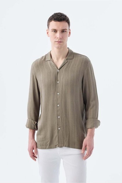 Khaki Classic Fit Apache Collar Striped 100% Cotton Bohemian Shirt