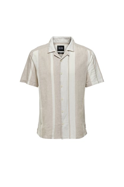 Men's Shirt - ONSCAIDEN SS Stripe Linen Resort SH, Regular Light Khaki Striped