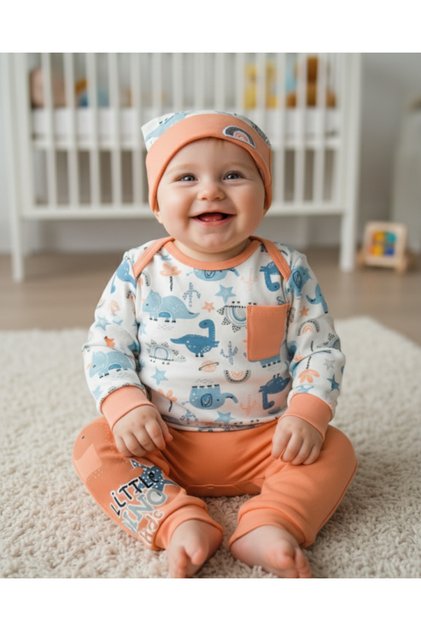 Boy-Girl Baby Shoulder Expandable Snap Body Pajama Beanie Set, 100% Cotton, Modern Design