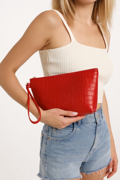 Women's Red Crocodile Patterned Travel Cosmetic Beach Makeup Clutch Handbag Organizer Makeup Bag