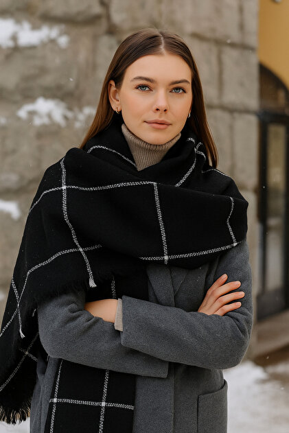 Women's Black Square Patterned Scarf - Shawl 70X180 cm Sal1210