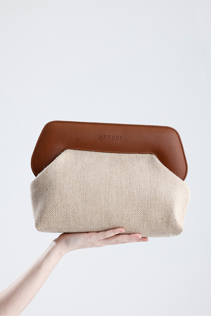Heybes Women's Brown Framed Self Patterned Jute Clutch Hand Bag