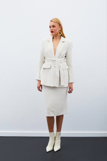 Midi Length Tweed Skirt - Stone