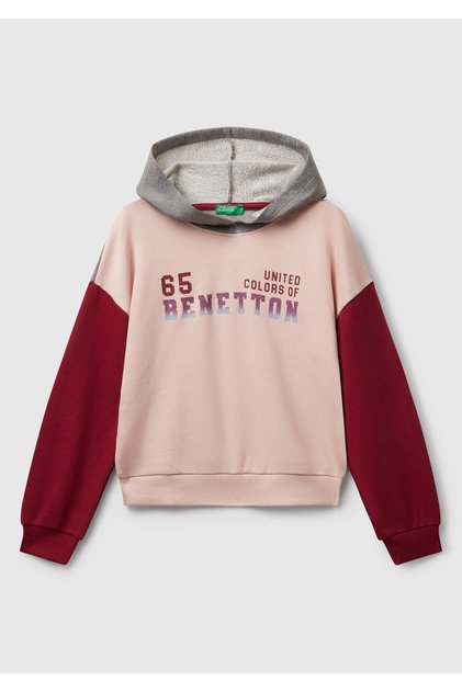 Girl's Black-Grey Mix Ribbed Hooded Sweatshirt with Logo Printed on the Front