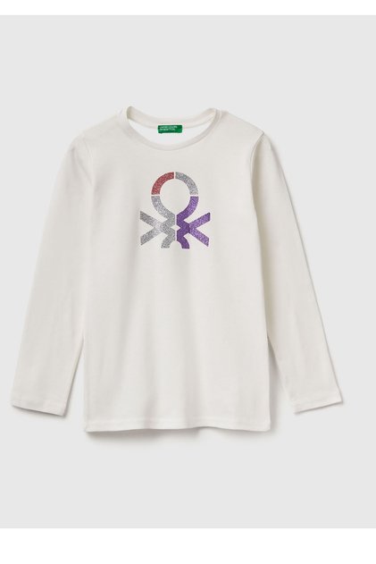 Tricou cu mânecă lungă pentru fete, ecru, cu logo-ul strălucitor imprimat în față, cu o formă obișnuită