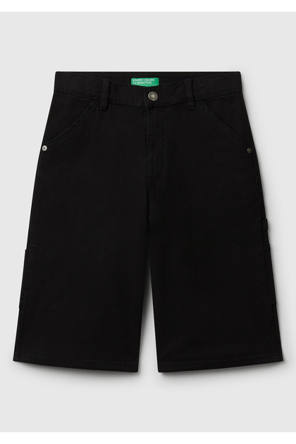 Boys' black logo and pocket detailed buttoned stretch denim bermuda shorts