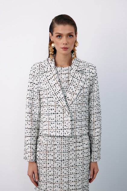 Geknöpfte Tweed-Kurzjacke – Stein