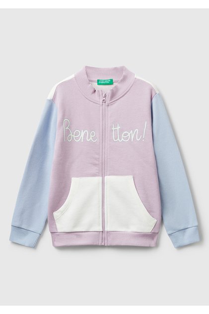 Kız Çocuk Lila-Ekru Simli Logo Baskılı Fermuarlı Ribanalı Regular Fit Sweatshirt