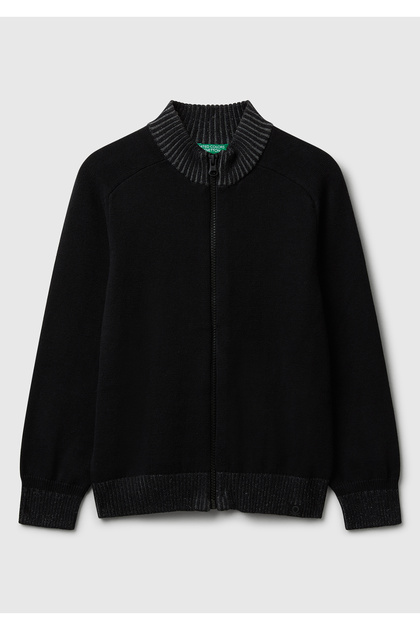Boy's Black Zippered Cardigan with Ribbed Detail