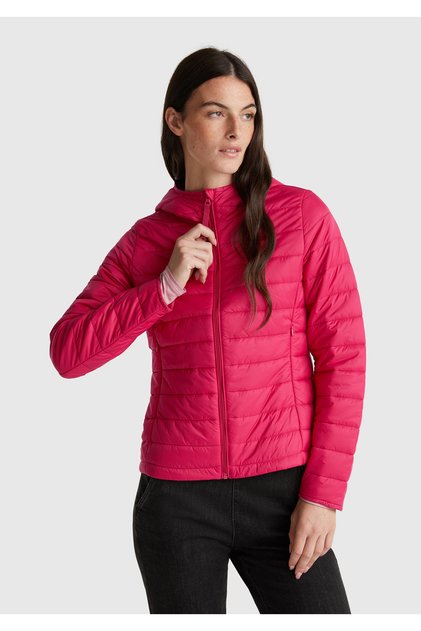 Kadın Fuşya Polyester Dolgulu Feramuarlı Kapüşonlu Slim Fit Puffer Mont