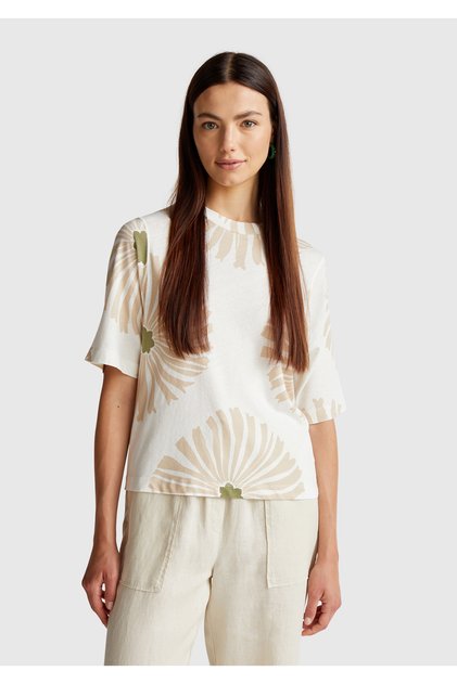 Women's Cream Linen Blend Boxy Fit Floral Print T-Shirt