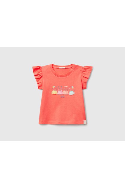 Baby Coral Logo Label Sleeve Ruffle Detail Crew Neck T-Shirt