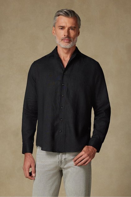 Bella Linen Linen Comfort Fit Black Mostra Collar Men's Plain Shirt