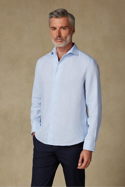 Bella Linen Linen Comfort Fit Light Blue Mostra Collar Men's Plain Shirt