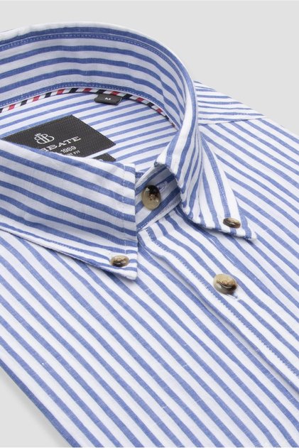 Alba Linen Cotton Linen Blended Comfort Fit Dark Blue Button Collar Men's Striped Shirt