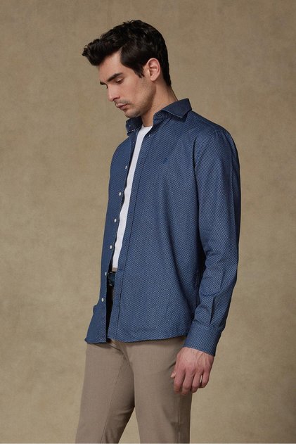 Donatello Denim Cotton Comfort Fit Navy Blue Classic Collar Men's Printed Shirt