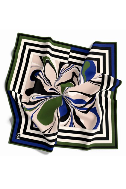 Twill Çizgili Bordürlü ve Ebru Çiçek Desenli Zümrüt Yeşili Renkli 90x90 Eşarp (İpek İçermez) Kenar D