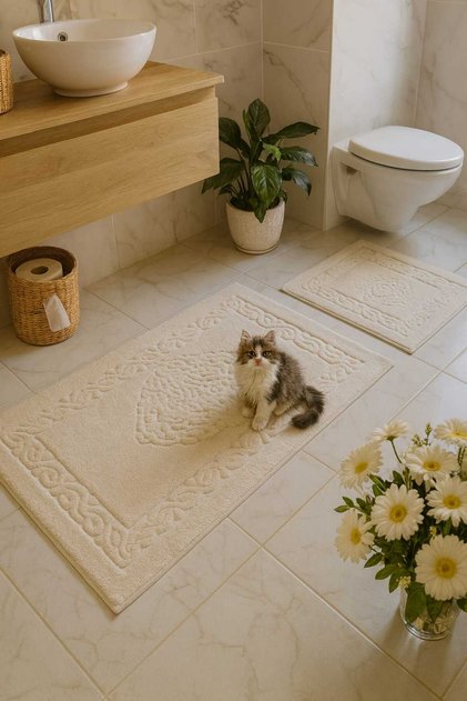 Cotton Bath Mat Ottoman Set of 2 Ecru 60*100 & 50*60