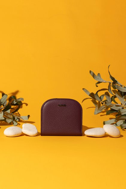 2817 Hakiki Deri Oval Tasarım Minimal Cüzdan Flother Mürdüm