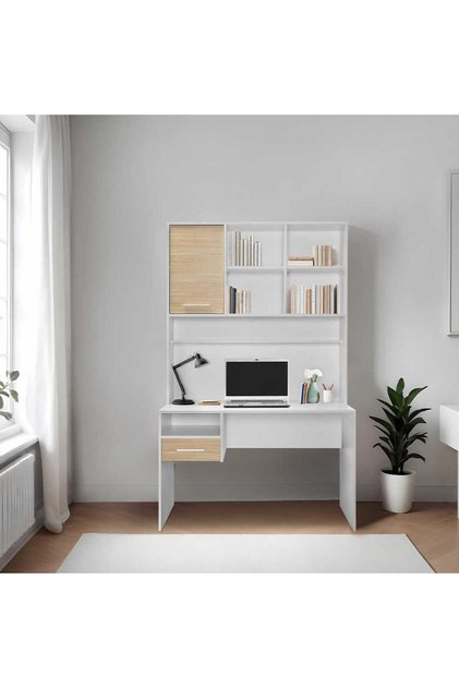 Adore Mobilya London Kapaklı Çekmeceli Çalışma Masası-Meşe-Beyaz