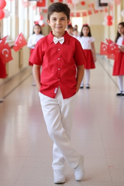 Boy's Santino Red Shirt White Pants Bow Tie Bottom Top Set October 29 Show Outfit
