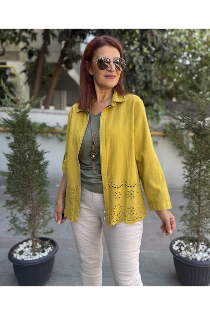 Guipure Skirt with Zipper Jacket Mustard