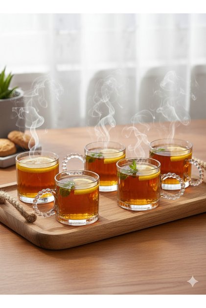 6 Lı Cam Boncuk Kulplu Kahve Yanı Su Bardağı - 120ml