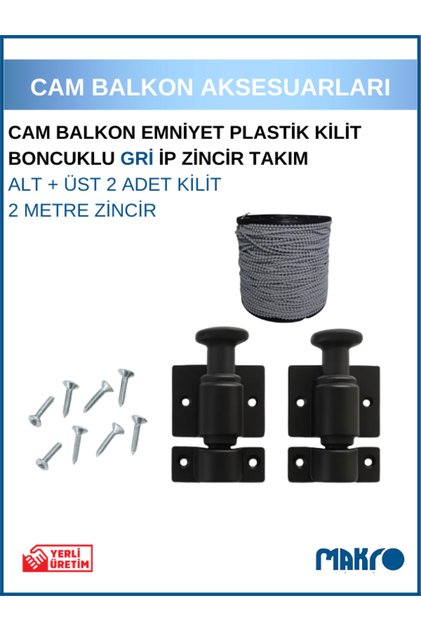 Glass Balcony Lock | Safety Plastic Lock | Beaded Gray Rope Chain Set