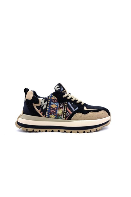 Hakiki Deri Ve Tekstil Etnik Desenli Erkek Siyah Sneaker Spor Ayakkabı