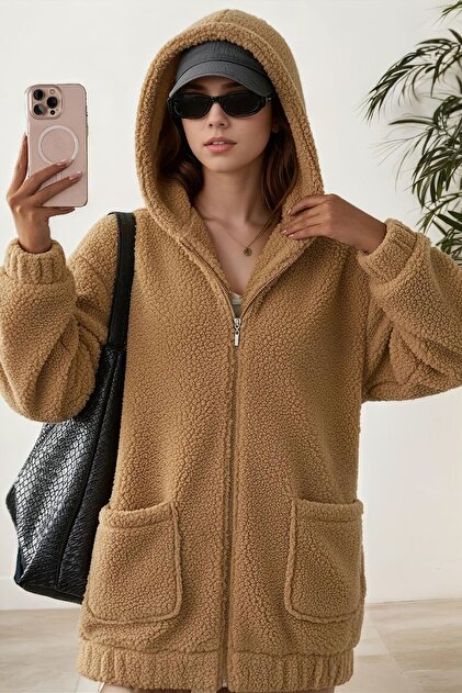 hiramir Peluş Kuzu Kıvırcık Torba Cepli Kolej Mont Camel KS2526