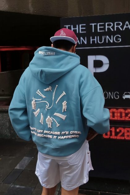 Unisex 3-Thread Hooded Sweatshirt with Kangaroo Pocket, Printed with Text and Figure Pattern on the Back