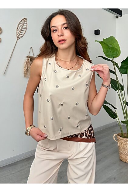 Faux Leather Blouse with Bird Eye Detail