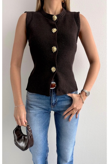 Gold Buttoned Snap Fastener Knitwear Top Vest