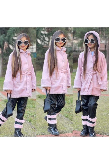 Girl's Two-Piece Set - Plush Detailed Coat - Plush Detailed Leather Pants + Leather Bag Gift