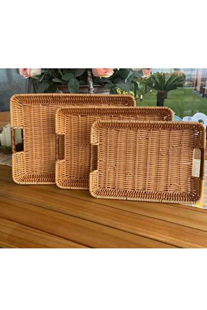 Karma Home Doğal Görünümlü 3'Lü Dikdörtgen Hasır Rattan Servis