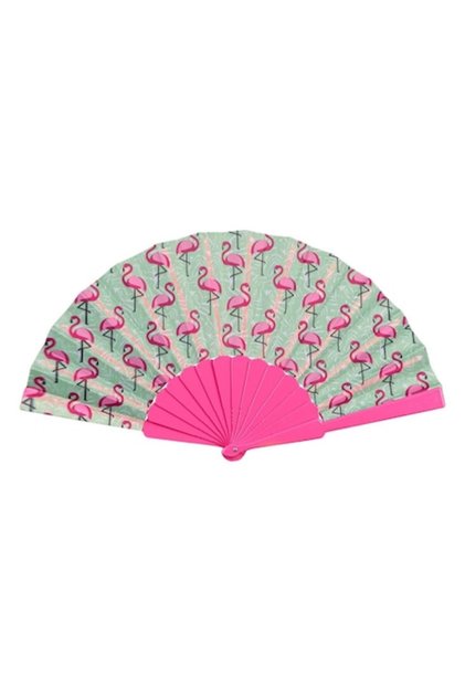 Evantai cu maner de plastic fucsia si stofa verde cu print flamingo Shopiens®, 23 cm