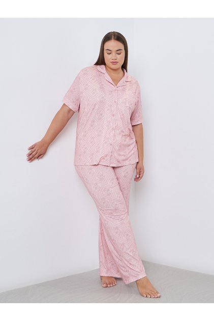 Plus Floral Piped Detail Shirt and Pyjama Set