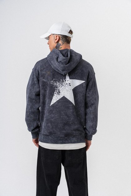 Men's Star Printed Washable Hooded Oversize Hoodie Black