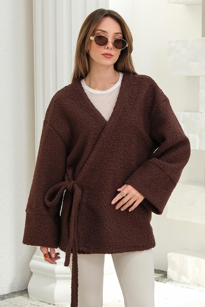 Tie-Front Boucle Kimono Jacket Brown 8265